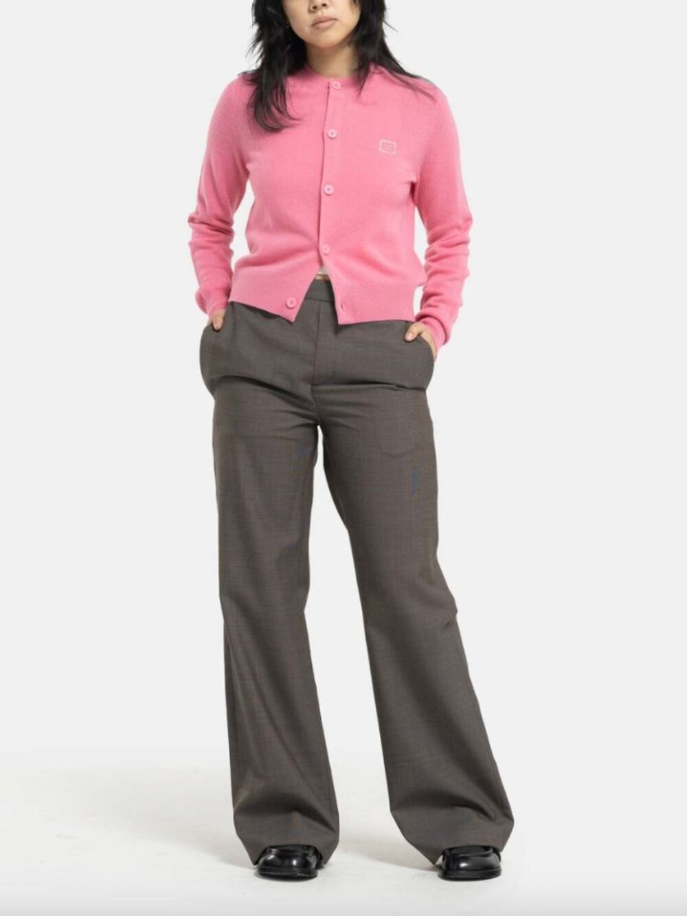 $389 Acne Studios Tango Pink Embellished Face Logo Cardigan Sweater size Large - Picture 2 of 11